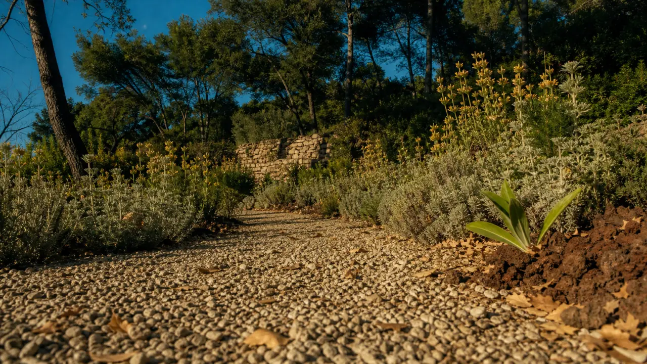 Jardin méditerranéen sans entretien avec paillage, graviers et santoline