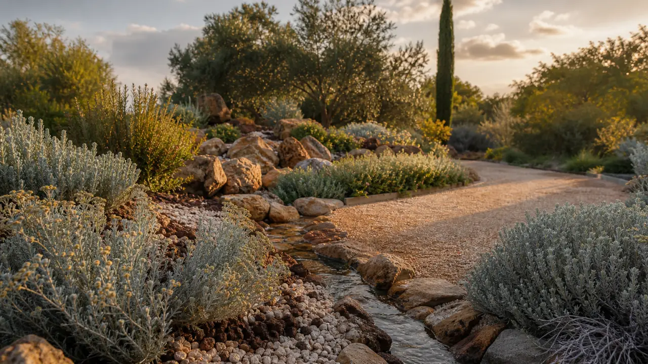 Jardin méditerranéen sans entretien avec paillage minéral, santoline et hélianthus