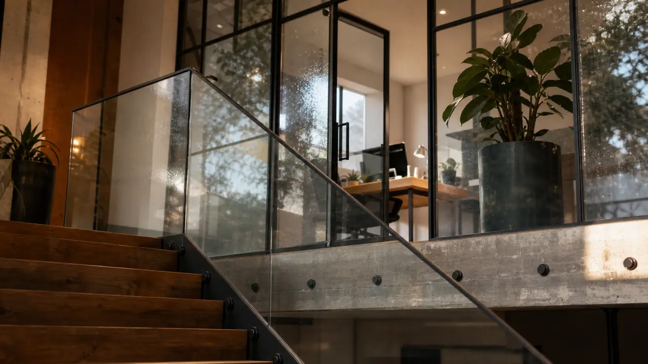Mezzanine fermée vitrée avec verrière noire et porte coulissante lumineuse