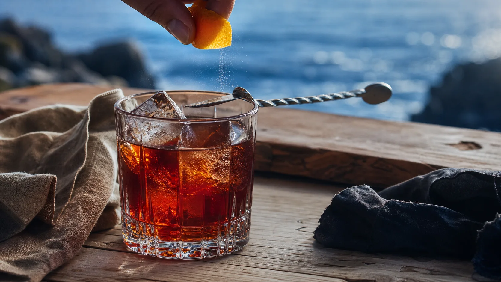 Negroni rezept : verre de Negroni rouge avec glaçons et zeste d’orange
