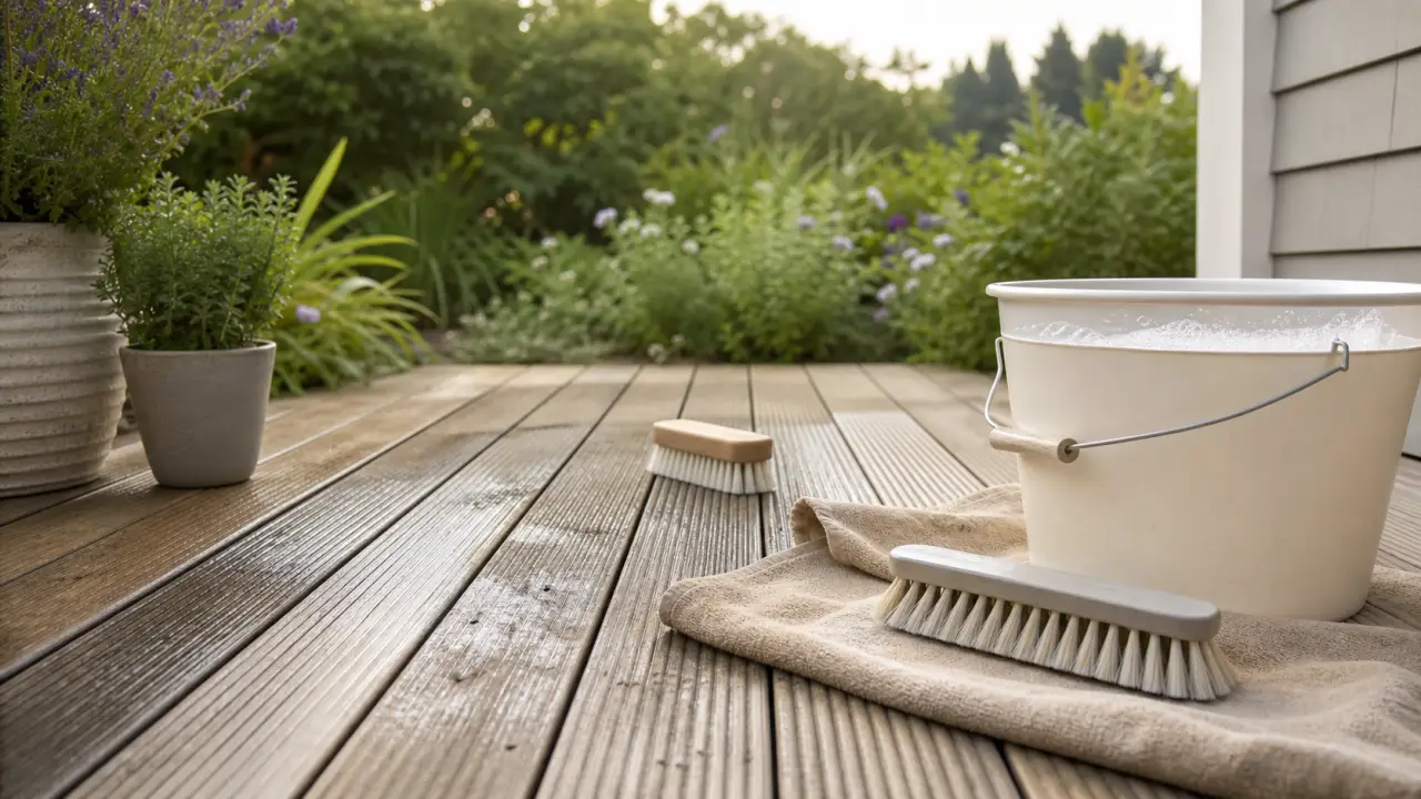 Nettoyer terrasse en composite, brosse douce sur lames avec dépôts verts