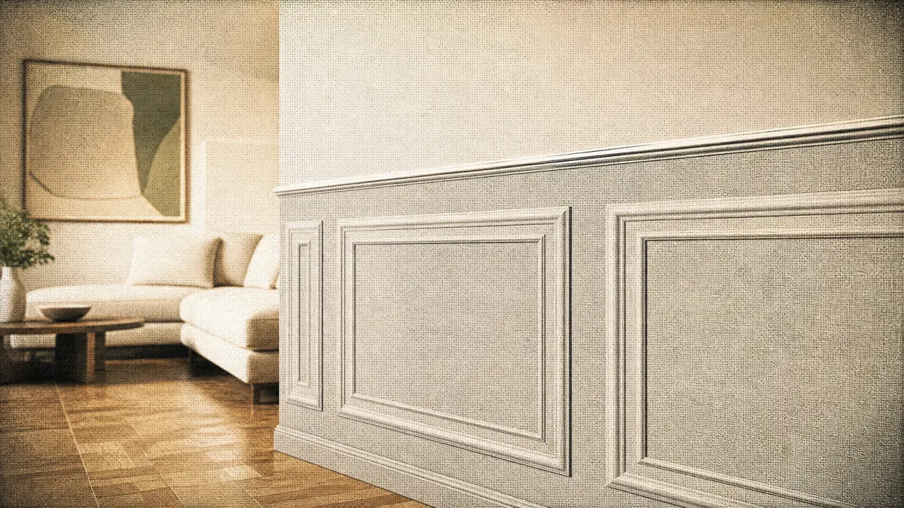 Papier peint soubassement avec moulures et cannage, hauteur idéale, mur structuré
