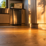 Parquet flottant dans une cuisine en chêne, joints visibles et évier en arrière-plan.