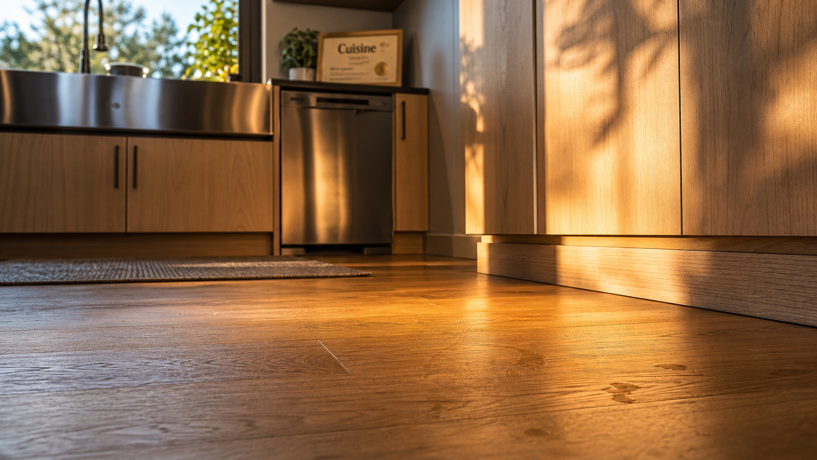 Parquet flottant dans une cuisine en chêne, joints visibles et évier en arrière-plan.