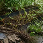 Plantes envahissantes jardin : racines et rhizomes en sol, liseron et barrière anti-rhizomes