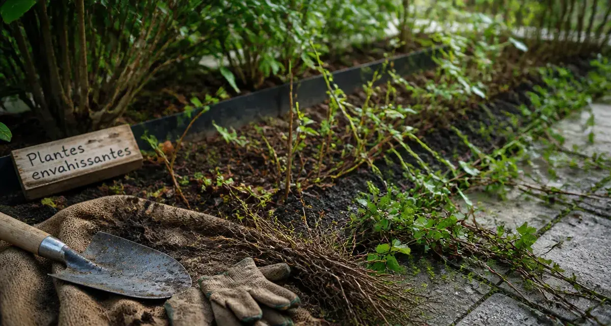 Plantes envahissantes jardin : racines et rhizomes en sol, liseron et barrière anti-rhizomes