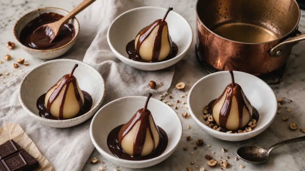 Recette des poires au chocolat : poires nappées de sauce chocolat