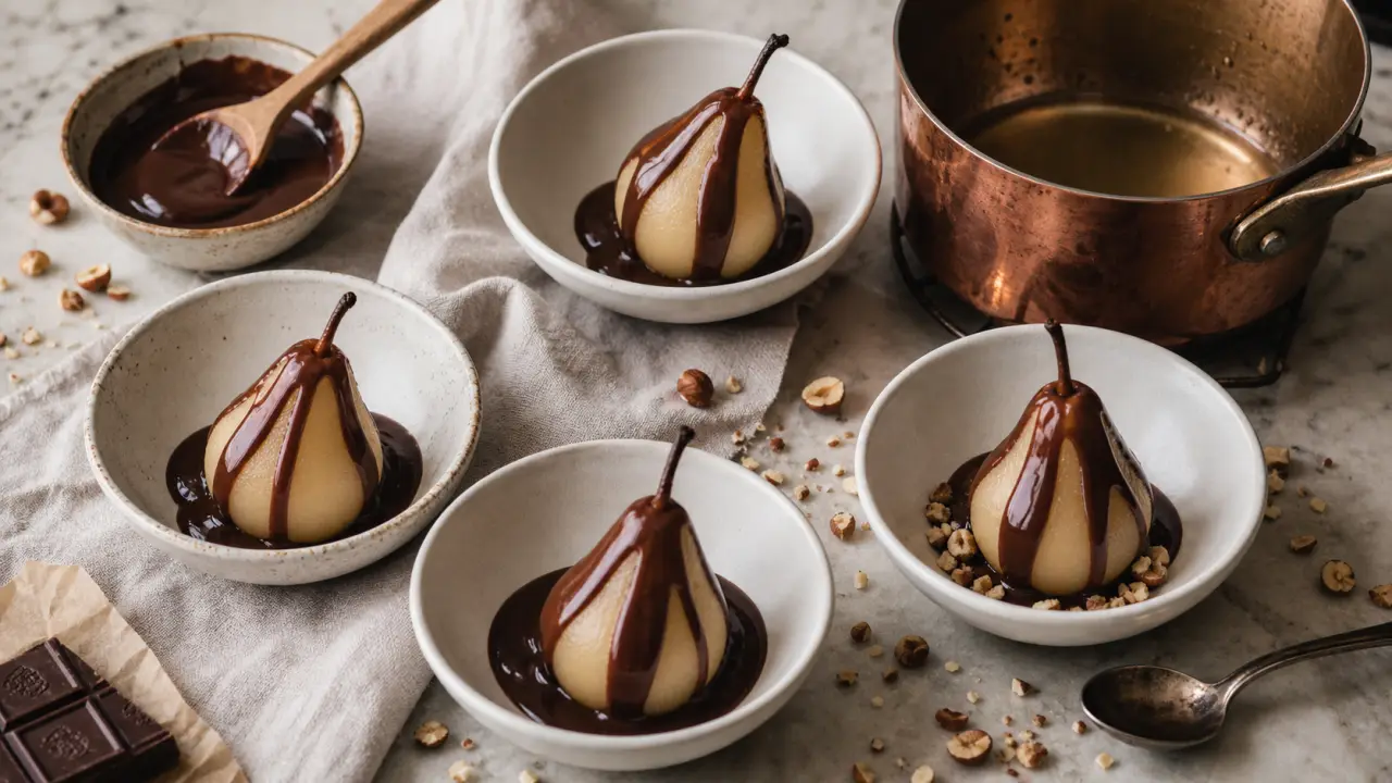 Recette des poires au chocolat : poires nappées de sauce chocolat