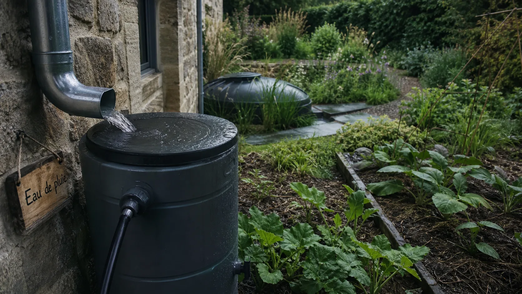 Récupérer l’eau de pluie au jardin : gouttière vers cuve de récupération