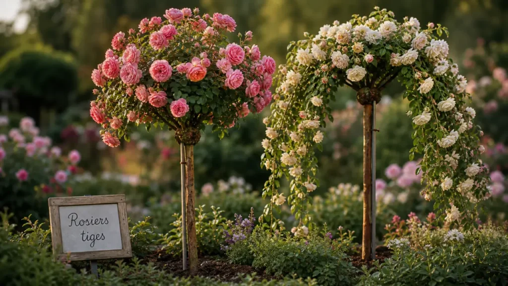 Rosiers tiges pleureurs sur tuteurs : tige et greffe au jardin