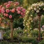 Rosiers tiges pleureurs sur tuteurs : tige et greffe au jardin