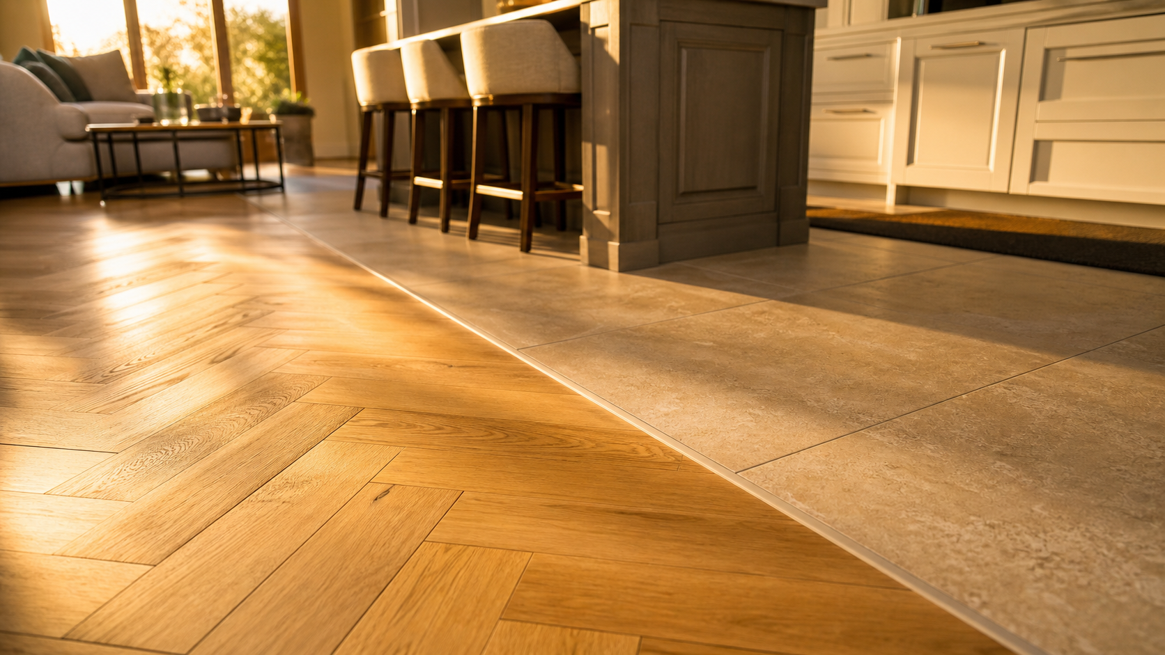 Jonction salon parquet cuisine carrelage : parquet chêne et carrelage cuisine