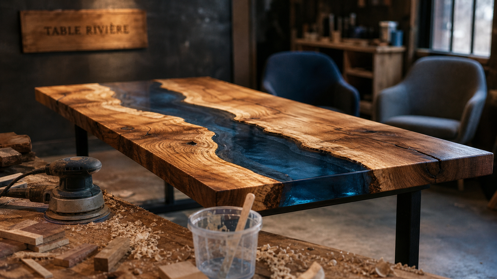 Table en resine époxy : table rivière en bois massif, coulée transparente.