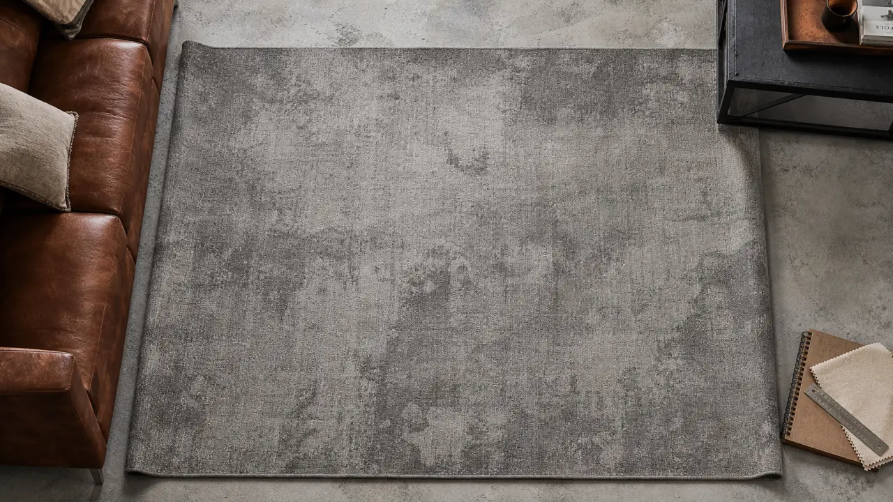 Tapis style industriel béton gris usé, texture tissée