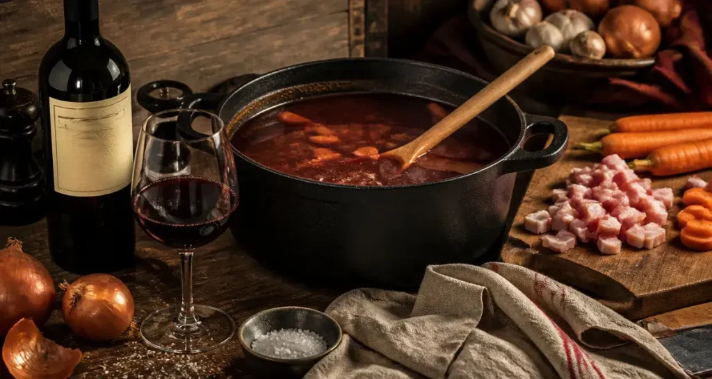 Vin rouge pour cuisiner boeuf bourguignon : cocotte et bouteille, oignons et carottes