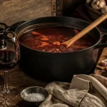 Vin rouge pour cuisiner boeuf bourguignon : cocotte et bouteille, oignons et carottes