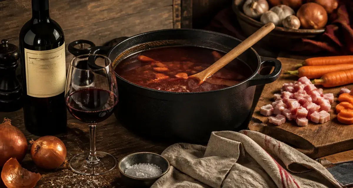 Vin rouge pour cuisiner boeuf bourguignon : cocotte et bouteille, oignons et carottes