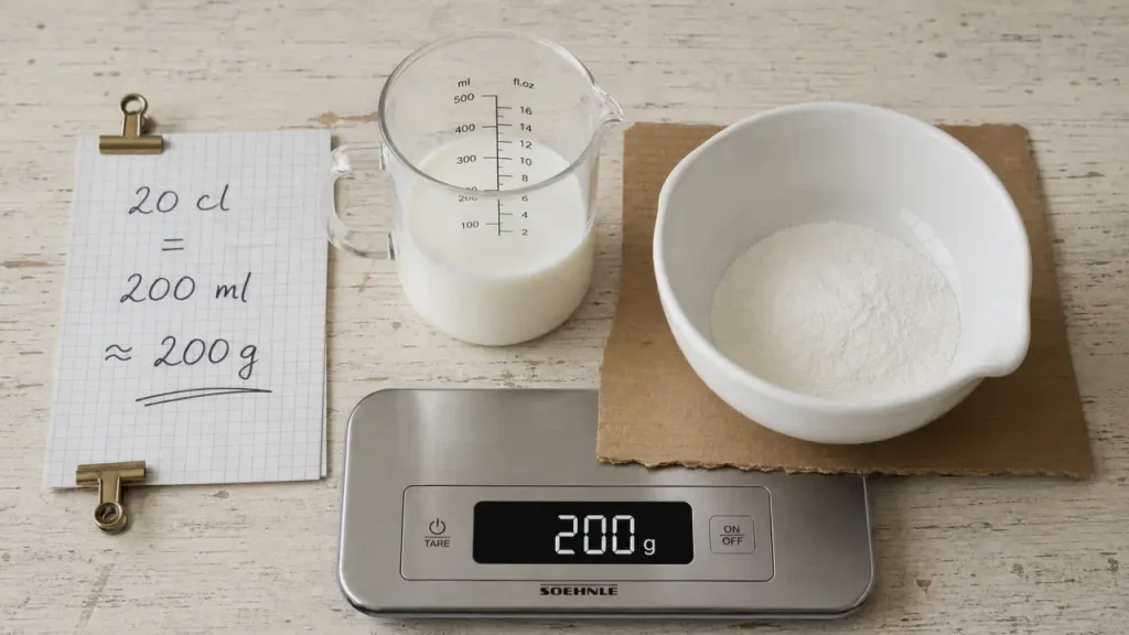 20 cl de lait pèsent environ 200 g, sauf pour le lait en poudre