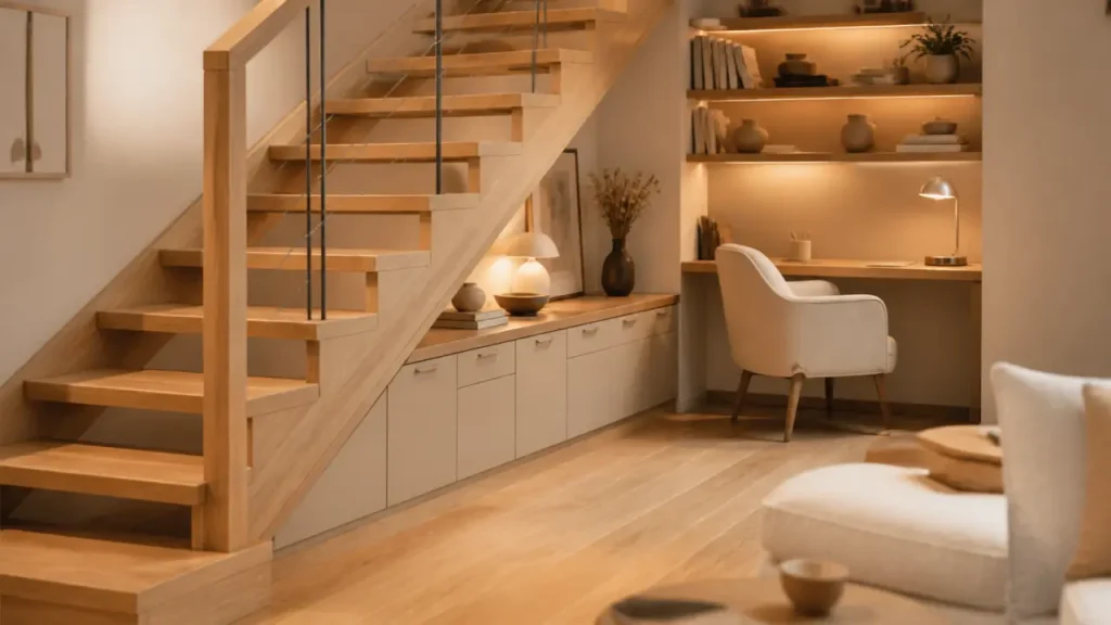 Sous un escalier ouvert, gagner du rangement sans fermer la pièce
