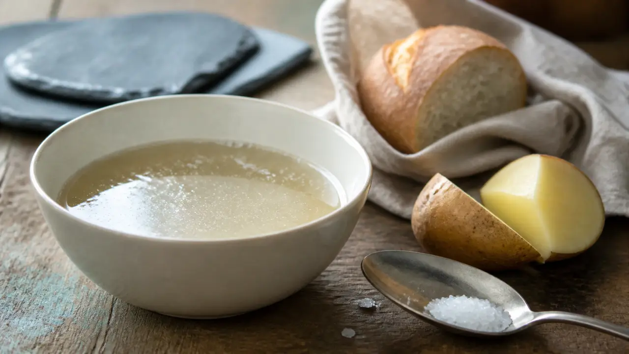 Comment rattraper un plat trop salé : bol avec bouillon salé et pomme de terre