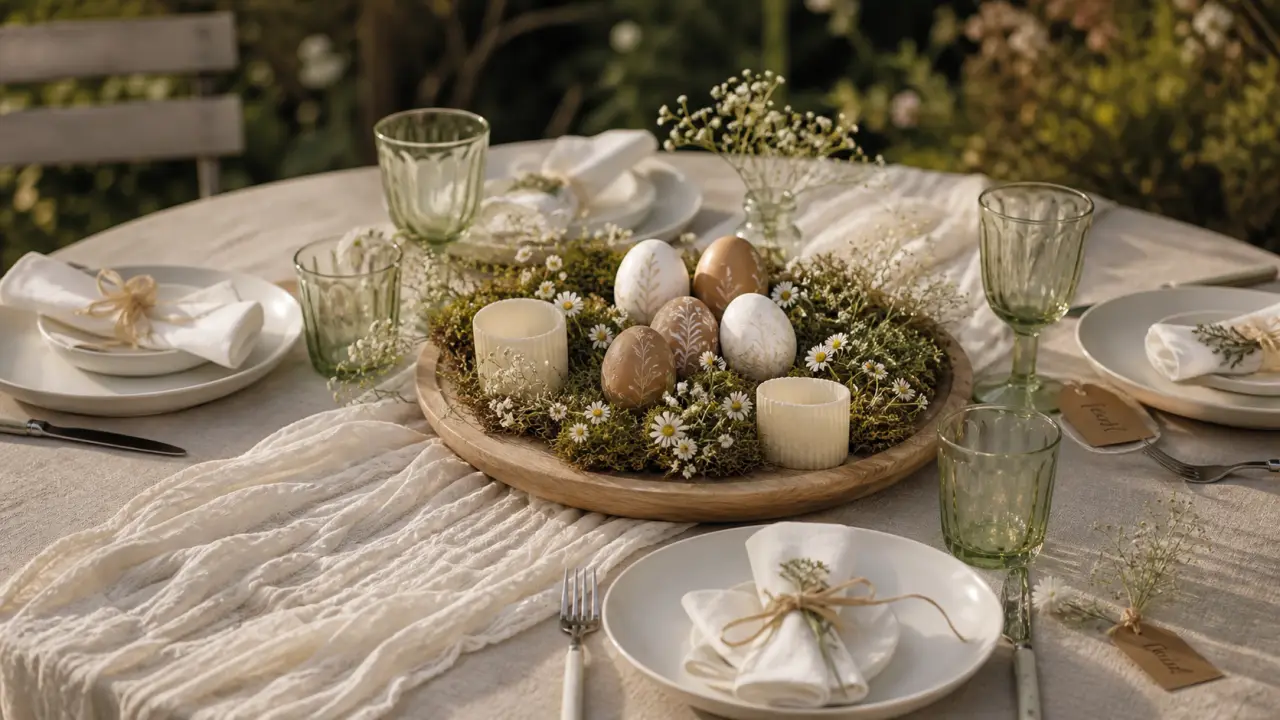 Décoration de Pâques pour la table pastel : centre de table bas en bois et œufs