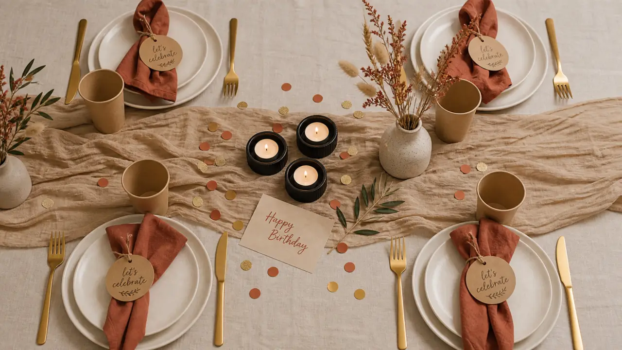 Décoration table anniversaire terracotta et doré, nappe lin et bougies