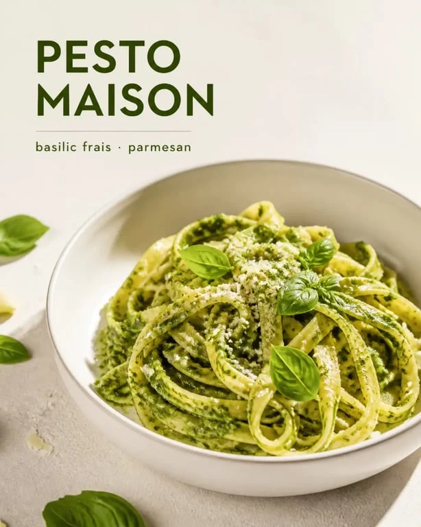 Recette pour pesto basilic maison servie avec des pâtes fraîches