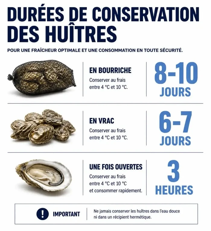 Infographie récapitulative sur la durée de conservation des huîtres selon le mode de stockage