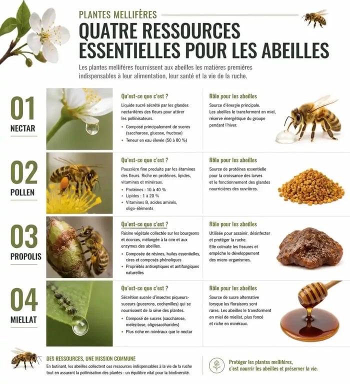 Infographie sur les ressources des plantes mellifères pour les abeilles : nectar, pollen, propolis et miellat.