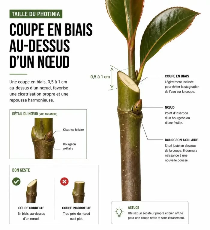 Schéma explicatif pour savoir quand tailler les photinia et comment couper au-dessus d'un nœud