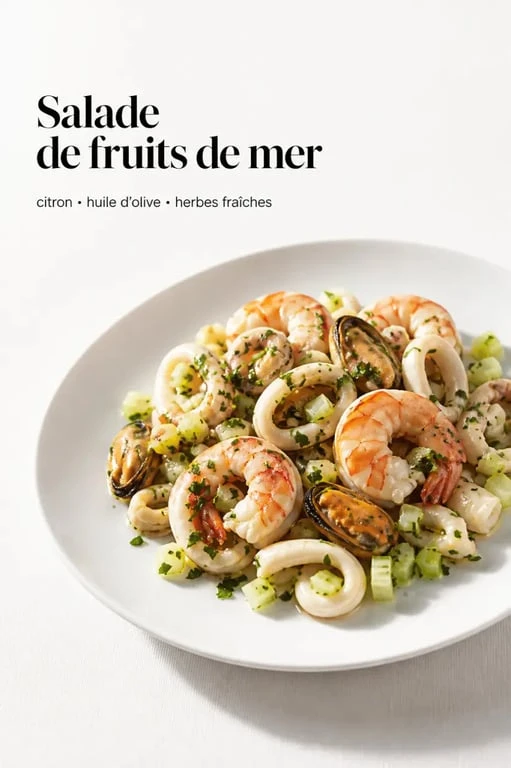 Salades de fruits de mer fraîches dressées avec citron, herbes et céleri croquant
