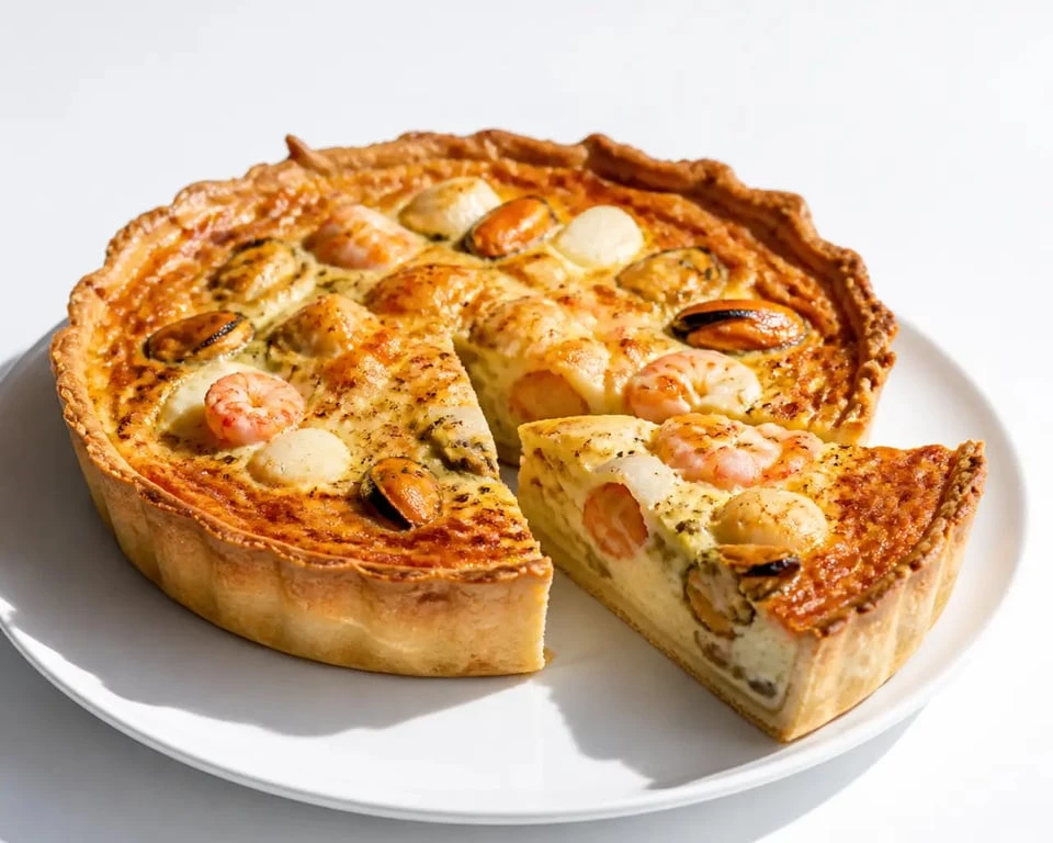 Quiche aux fruits de mer dorée et appétissante en assiette