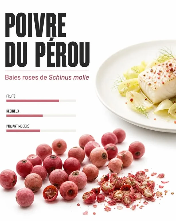 Le poivre du Pérou en baies roses, avec une présentation visuelle de son usage culinaire et de son profil aromatique