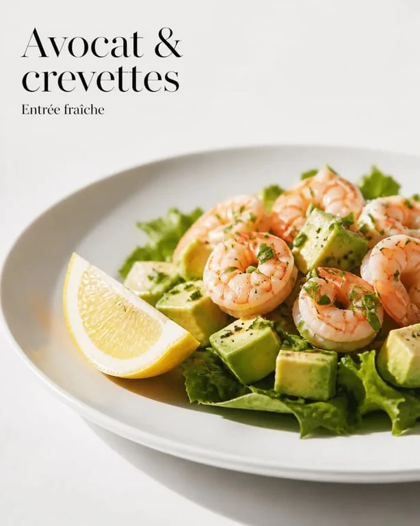Recette avocat et crevettes servie en entrée fraîche avec crevettes, avocat et citron