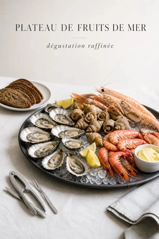 Plateau fruits mer prêt à servir avec huîtres, crevettes, bulots et accessoires