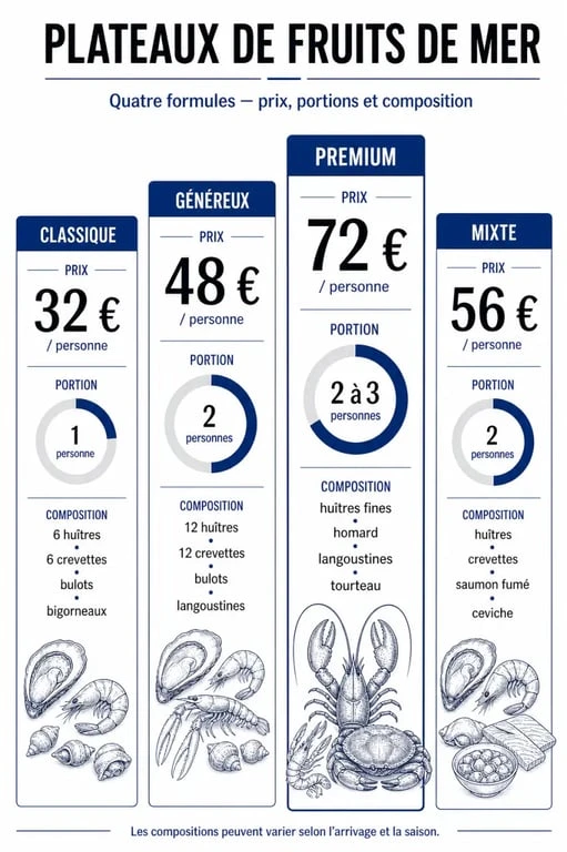 Plateau fruits mer comparatif des formules classique, généreuse, premium et mixte