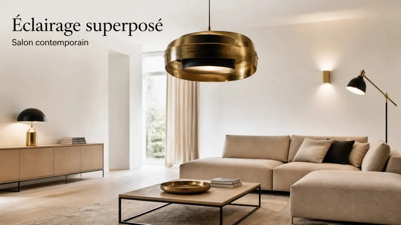 Salon avec luminaire design et éclairage superposé chaleureux