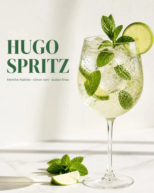 Recette hugo spritz servie dans un grand verre ballon avec menthe, citron vert et bulles