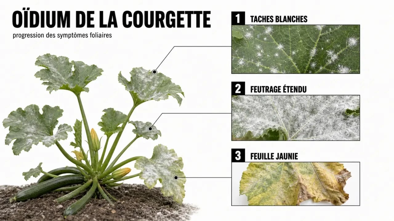 Traitement oidium courgette : illustration des symptômes sur les feuilles de courgette, des premières taches blanches au feutrage blanchâtre