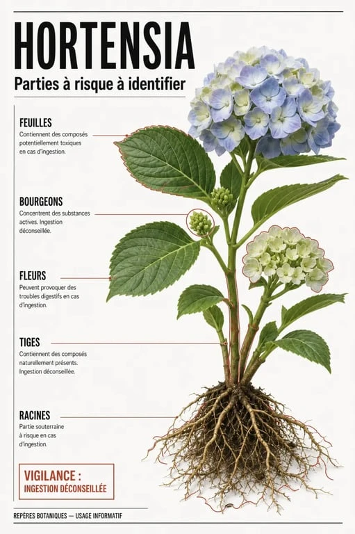 Hortensia toxique : parties de la plante à risque sur une infographie sobre