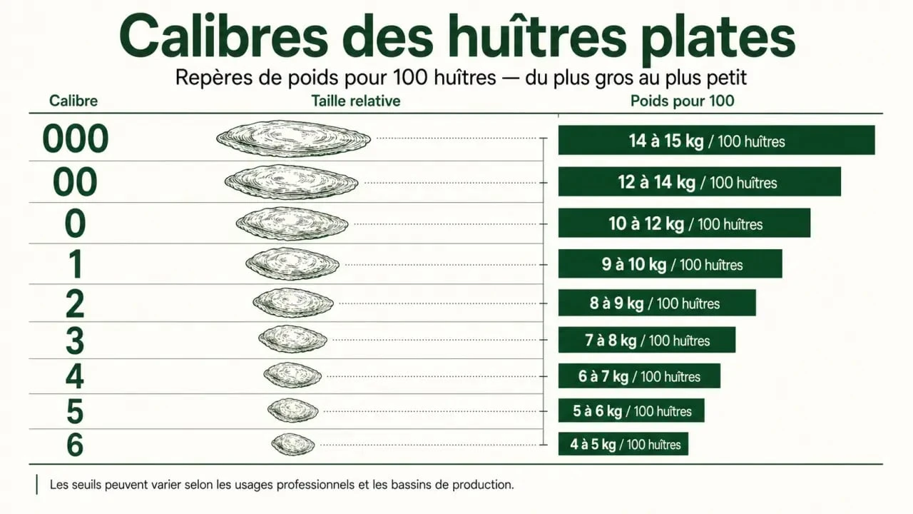 Huitres numeros : infographie des calibres des huîtres plates de 000 à 6 avec poids pour 100 huîtres