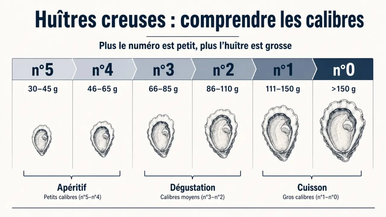 Huitres numeros : infographie des calibres des huîtres creuses du n°5 au n°0 avec poids et usages