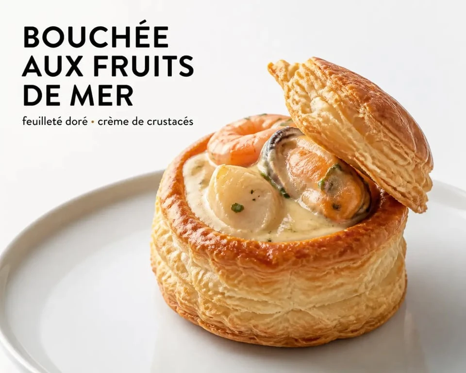 Bouchée aux fruits de mer dorée et garnie servie en assiette