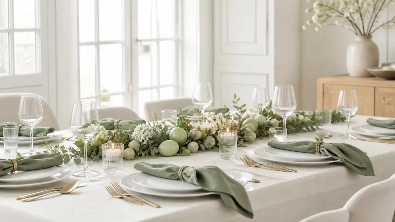 Décoration de pâques pour la table chic avec blanc cassé, vert sauge, bougies et vaisselle sobre