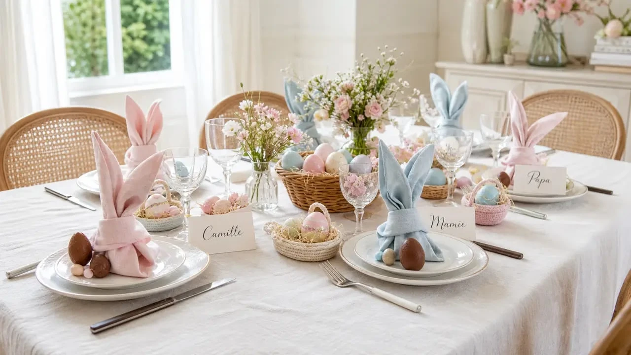 Décoration de pâques pour la table familiale avec serviettes lapin, œufs peints et petits paniers