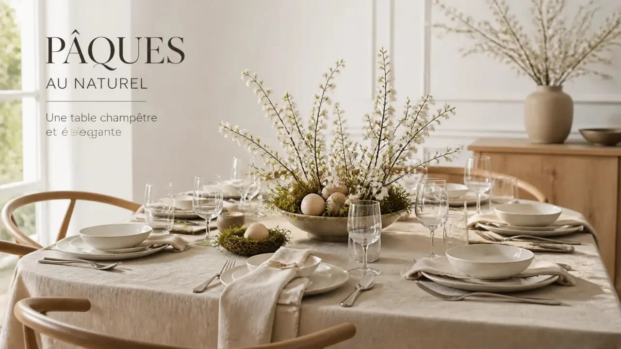 Décoration de pâques pour la table champêtre avec lin beige, bois clair et œufs naturels