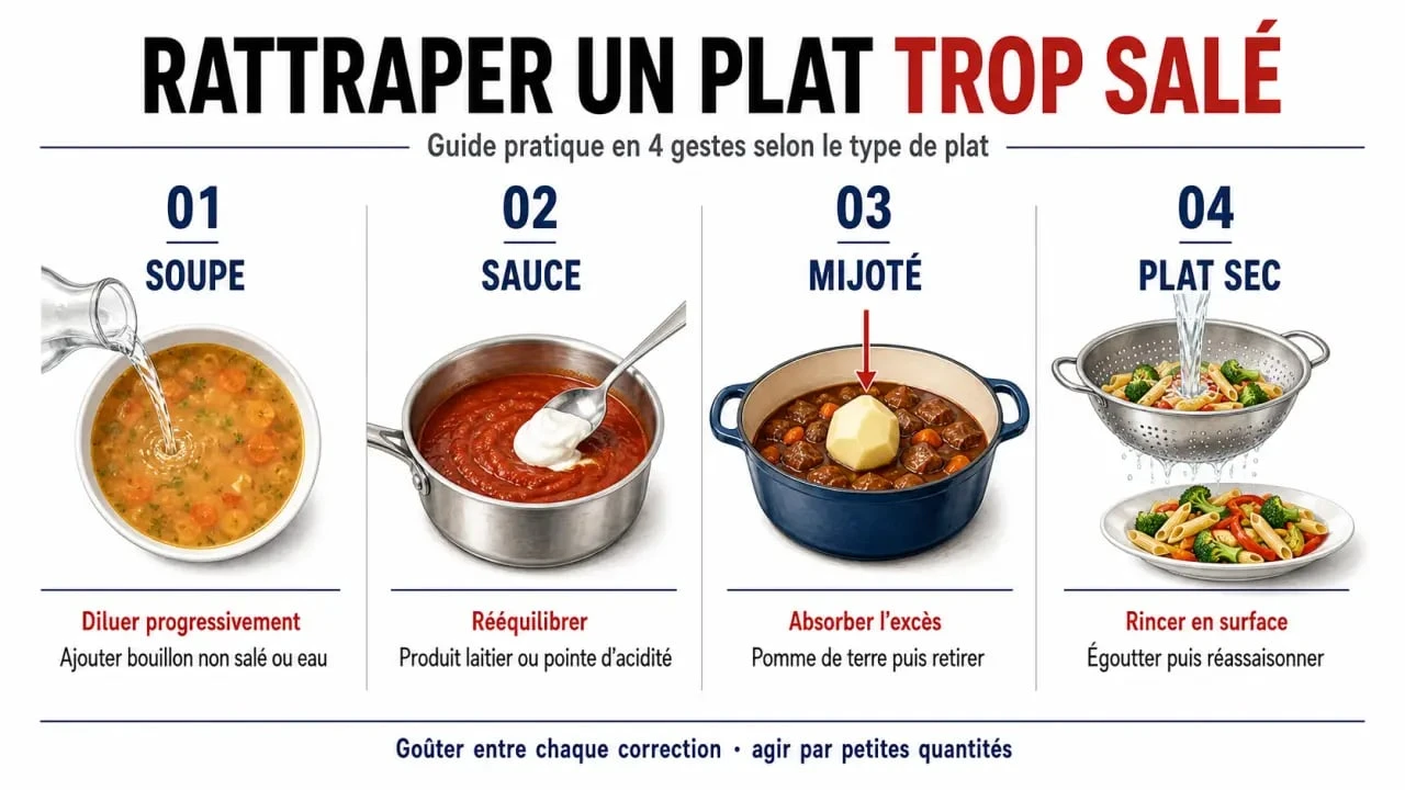 Comment rattraper un plat trop salé : illustration des méthodes rapides selon le type de plat