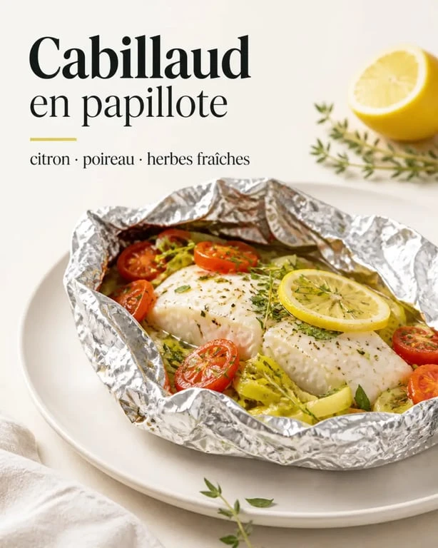 Recette poisson papillote aluminium : filet de cabillaud moelleux en papillote ouverte avec tomates, poireau et citron