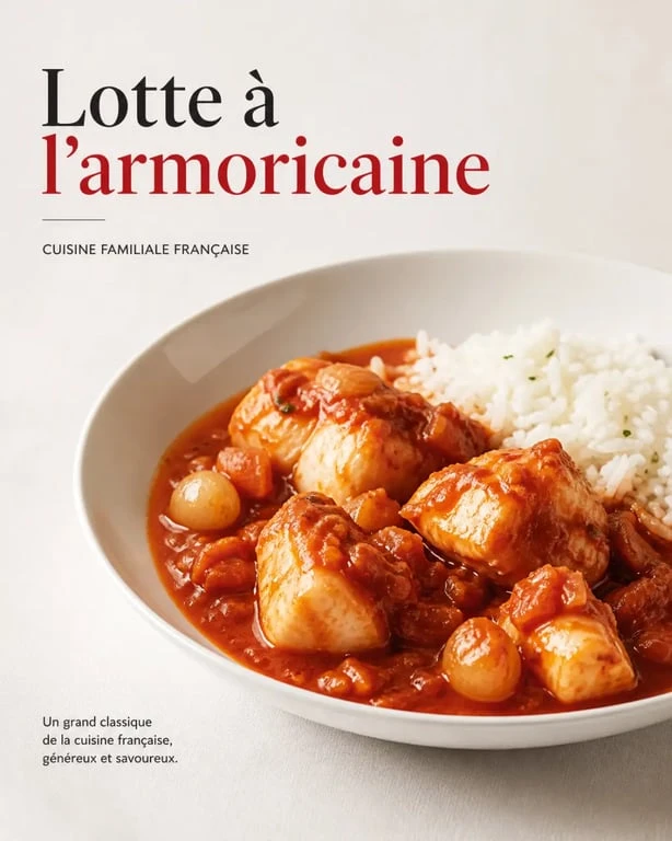 Recette lotte à l'armoricaine servie en assiette creuse avec sauce tomate-cognac et riz blanc