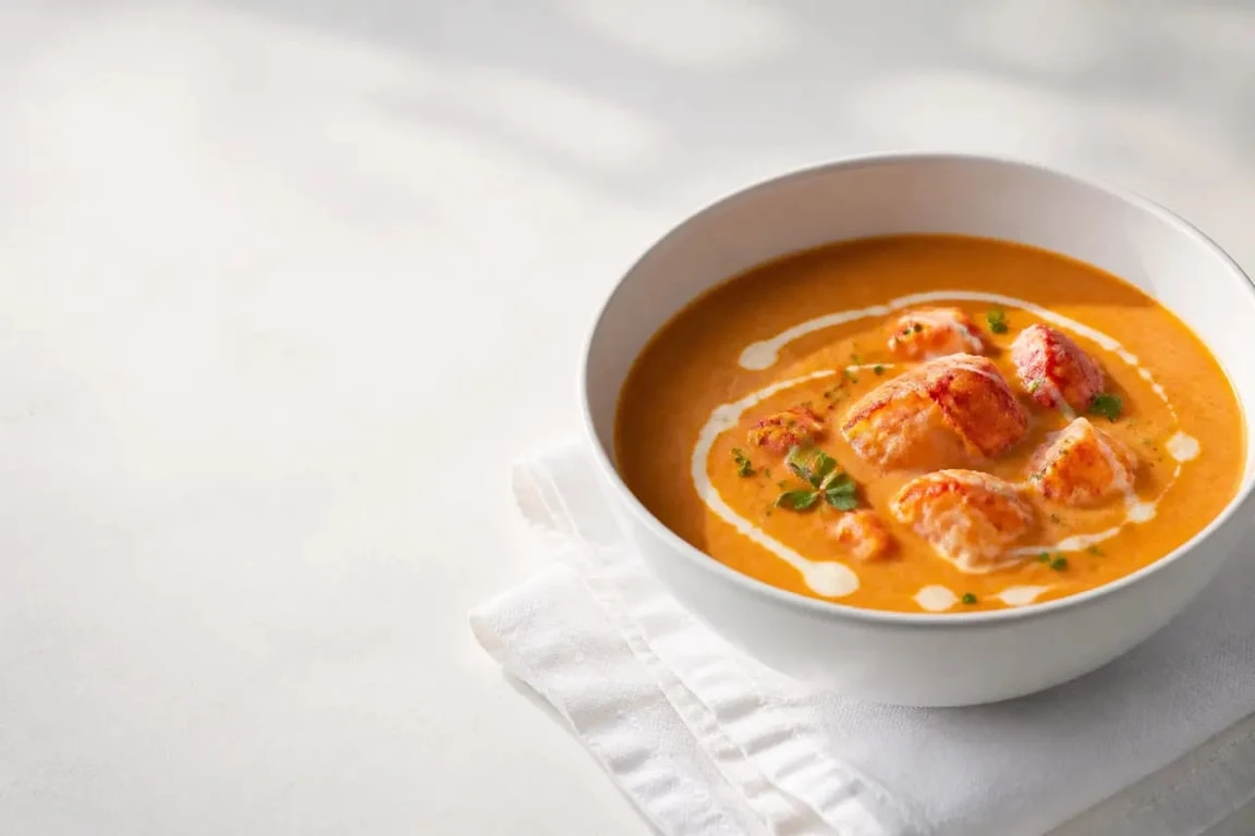 Recettes bisque : bisque de homard maison servie dans un bol blanc avec texture veloutée et morceaux de homard